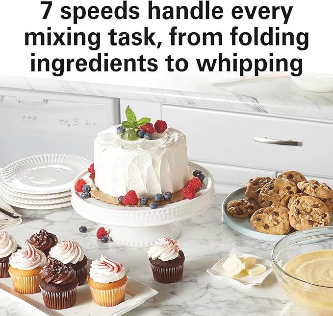 Hamilton Beach Electric Stand Mixer, 4 Quarts, Dough Hook, Flat Beater Attachments, Splash Guard 7 Speeds with Whisk, Red