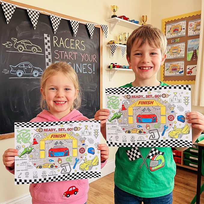 45pcs Race Car Disposable Coloring Placemats Racing Crafts for Kids Birthday Party Favors Coloring Poster Speed Car Checkered Flag Tire Activity Church Supplies Paper Table Mats
