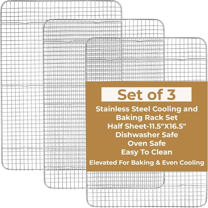 3 Pack Cooling Racks, 16.5 x 11.8 Inch Stainless Steel Cooling and Baking Rack Set 1/2 Sheet Baking Racks for Oven Cooking Roasting Grilling Heavy Duty Tight-Wire Metal Mesh Oven Rack, Dishwasher Safe