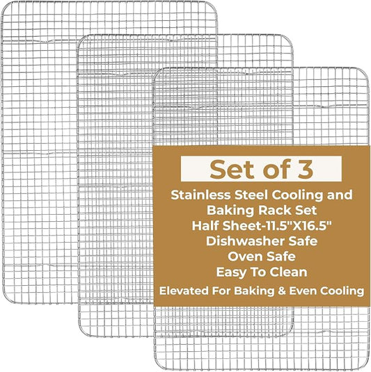 3 Pack Cooling Racks, 16.5 x 11.8 Inch Stainless Steel Cooling and Baking Rack Set 1/2 Sheet Baking Racks for Oven Cooking Roasting Grilling Heavy Duty Tight-Wire Metal Mesh Oven Rack, Dishwasher Safe