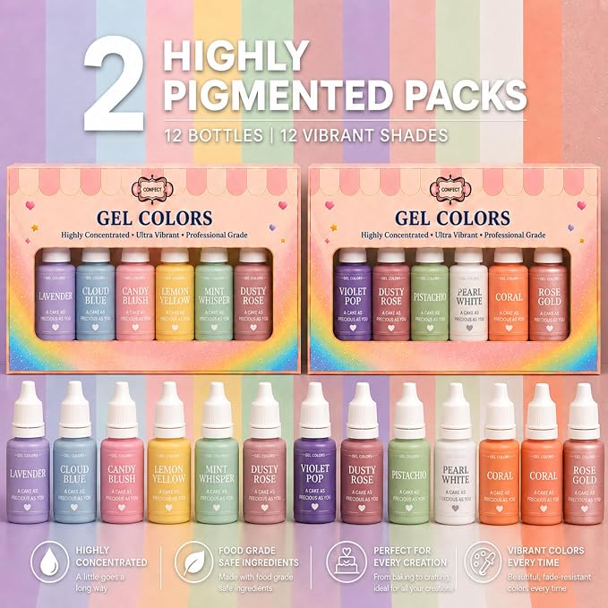 Confect Unicorn Dreams Gel Food Coloring Set – 12 Highly Pigmented Colors for Buttercream, Cakes, Cookies, Macarons & Baking – 10mL Bottles