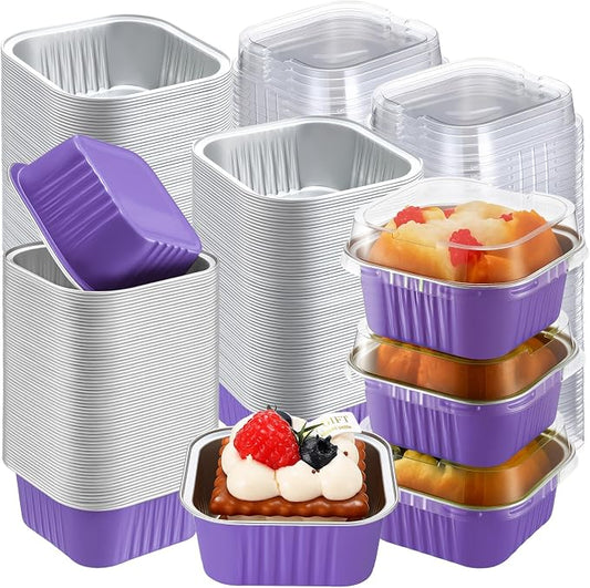 200 Pack 5 oz Purple Mini Cake Pans with Lid, Aluminum Foil Mini Baking Tins, Square Disposable Cupcake Baking Cup Dessert Container for Purple Wedding Birthday Party Favors Supplies