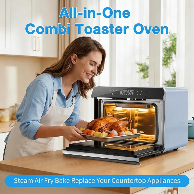 ROBAM Toaster Air Fryer Combi Oven, Countertop Steam Oven 14-in-1 with Convection Steam Roast & Bake, Multi-Stage Cooking, Self-Clean, 7 Modes, 30 Built-In Recipes, for Kitchen Pizza Baking (Blue)
