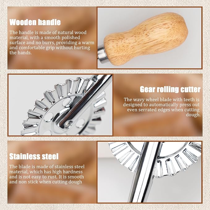 Short Handle Large Cutter Wheel - Exquisite Wooden Handle, Perfect for Pasta, Pizza, Ravioli, Cookie - Versatile Crinkle and Biscuit Cutter for Effortless Slicing