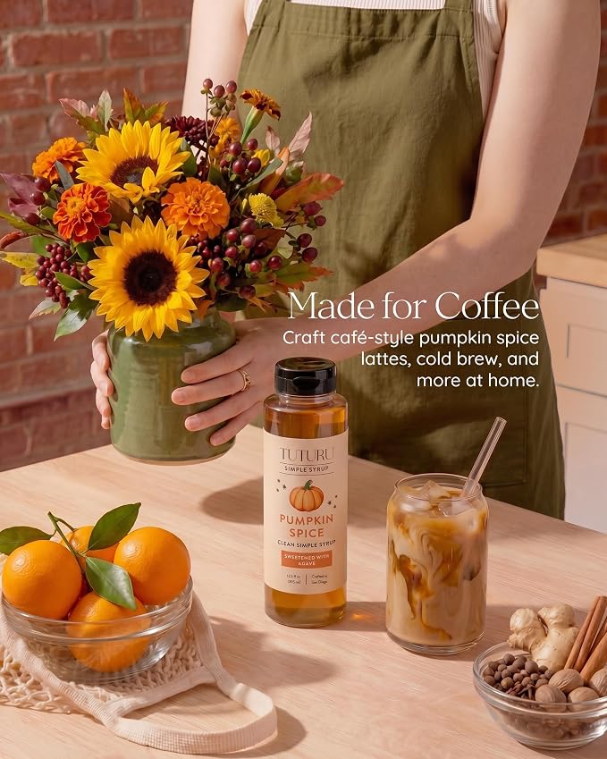 Pumpkin Spice Agave Simple Syrup for Coffee, Cocktails, Matcha - Sweetened with Agave Nectar - Infused with Real Pumpkin Spices - 13.5 oz