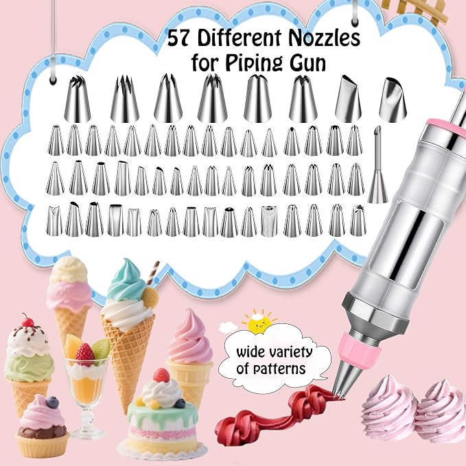 Gawren-H&E 208 PCS Cake Decorating Kit,Baking Supplies with Dessert Decorating Syringe Set,Storage Case,Icing Piping Bags and Tips Set,Frosting Fondant Bakery Set for Adults Beginners(Light Pink)