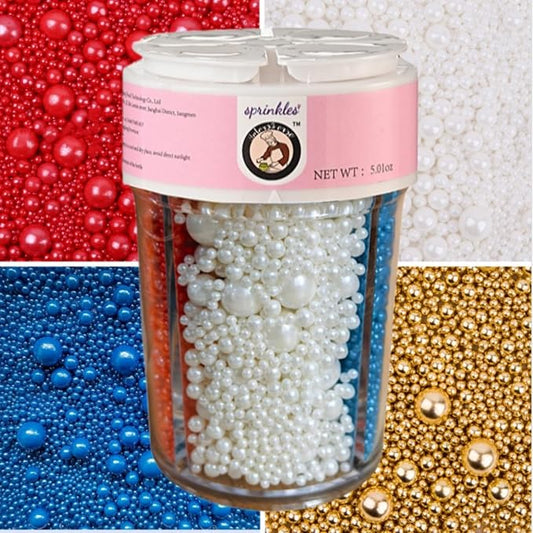 HeDeon&Rles Edible Red White Blue Gold Preals Sprinkles for Baking 4 Size（2mm 4mm 7mm 10mm）Red White Blue Gold Sprinkles for Cake Cupcake Pancake Icing Decoration Independence Day Halloween Supplies