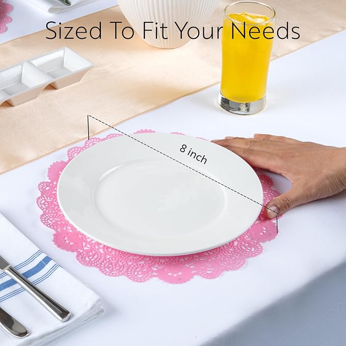 Pastry Tek 8 x 8 Inch Paper Lace Doilies, 4000 Disposable Table Doilies - Elegant Lace Finish, Long Lasting, Pink Paper Doily, for Pastries, Cupcakes, Desserts - Restaurantware