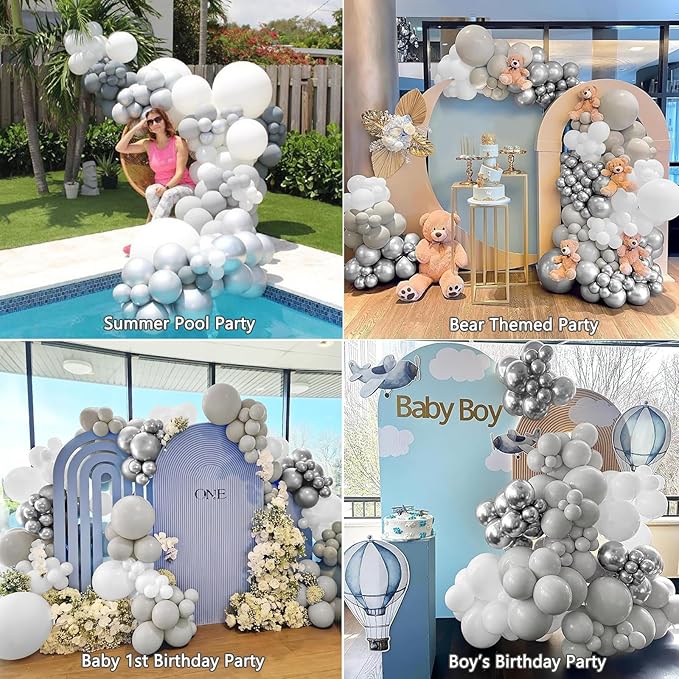 White Silver Balloon Arch Kit Garland with Grey Clear Balloons for Birthday Winter Wonderland Baby Shower Bridal Shower Engagement Wedding Anniversary Party Decorations