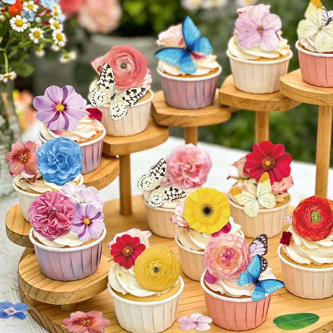 108PCS Edible Flower Cupcake Toppers Wafer Paper Butterfly Floral Baby Shower Cake Decorations Edible Spring Flower Cupcake Toppers for Floral Theme Birthday Party Decoration