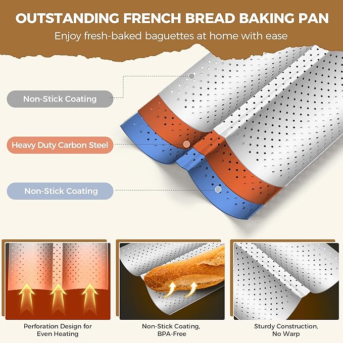 Yupjlia Baguette Bread Pan, Premium Nonstick Perforated French Bread Baking Pan, 2 Loaves Baguette Tray for Sourdough, Italian Bread Baking, Perfect for Creating Crisp Golden-Brown Crust