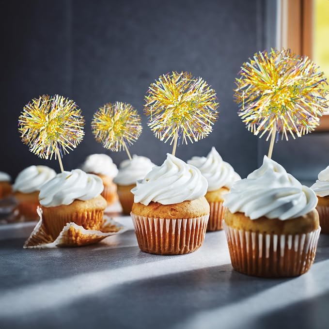 Gyufise 30Pcs Foil Firework Cupcake Toppers Sparkle Tinsel Cake Toppers Tinsel Drink Cake Decoration Cocktail Picks for Halloween Birthday Wedding Graduation Party Supplies Laser Yellow