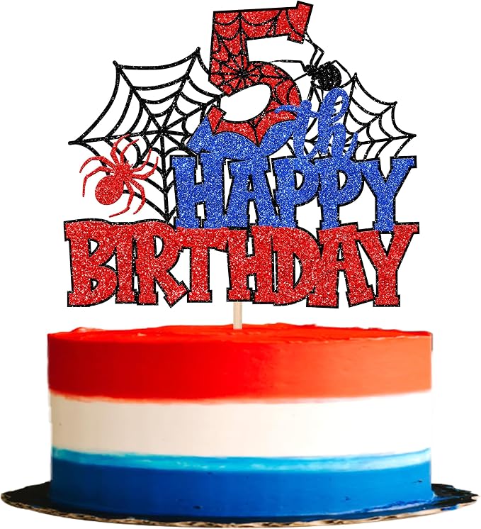 1 PCS Happy 5th Birthday Cake Topper Glitter Spider Web Cheers to 5 Years Five Birthday Cake Pick Superhero Spider Party Decorations for Boys Girls Happy 5th Birthday Party Cake Decorations Supplies