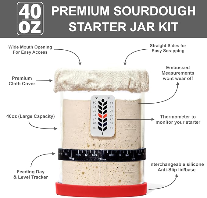 Premium Sourdough Starter Jar - 40oz Large Sourdough Jar with Marked Feeding Band, Scraper, Cloth Cover and Silicone Lid/Base, Wide Mouth Starter Kit - Red