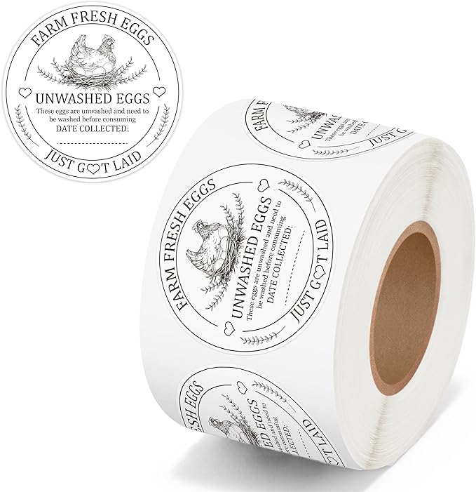 PANTIDE Farm Fresh Eggs Carton Labels Stickers - 500 Count Unwashed Eggs Packaging Adhesive Round Decal Roll, Market Egg Handling Sticker Collected Date for Chicken Quail Duck (2 x 2 Inch, White)