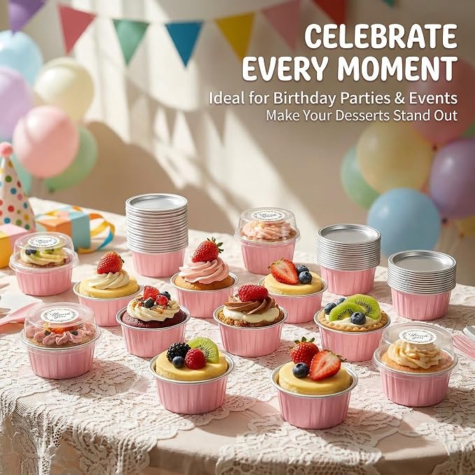 100 PCS Aluminium Foil Baking Cups, Mini Cake Pans with Lids and 100 PCS Spoons, 5 oz Disposable Baking Cups Foil Ramekins For Party Birthday Wedding Valentines (Pink)