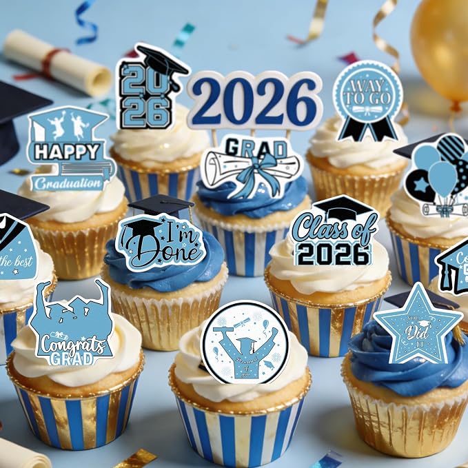 48pcs Edible 2026 Graduation Cupcake Toppers Wafer Paper Light Blue Class of 2026 Cake Decorations Edible Congrats Grad Cupcake Picks for 2026 Graduation Theme Party Cake Supplies