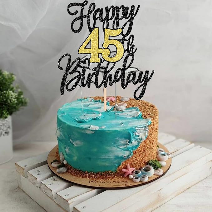 1 PCS Happy 45th Birthday Cake Topper Black Gold Glitter Cheers to 45 Years Birthday Cake Pick 45 Fabulous Cake Decoration for Happy 45th Birthday Anniversary Party Decorations Supplies