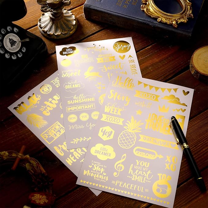 Chinco 10 Sheets Scrapbook Stickers 400+ Pcs Gold Love Stickers Foil Transfer Scrapbooking Supplies for Anniversary