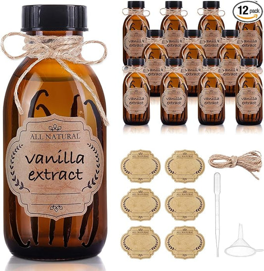 12 Pack 4 oz Vanilla Extract Bottles, Amber Boston Glass Bottle with Cap Empty Brown Glass Bottles for Homemade Vanilla Extract, Essential Oils, Juice, Potion, Syrup, Liquids, Christmas Gift
