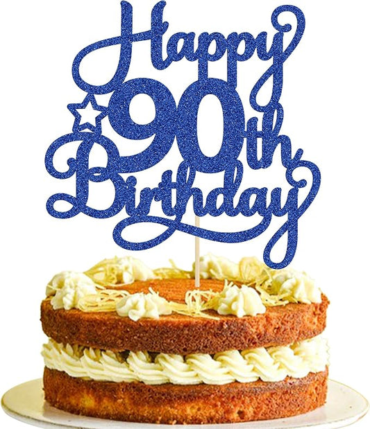 1 Pack Happy 90th Birthday Cake Topper Blue Glitter 90 & Fabulous Cheers to 90 Years Old Birthday Cake Pick for Celebrating 90th Birthday Anniversary Party Cake Decorations Supplies