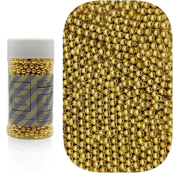 Dynastang 4mm Super Gold Pearls Sprinkles Edible Pearls Cake Decorating Stars Cake Decorations Cupcake Toppers Cookie Decorating Perfect for Cakes, Cupcakes, Desserts Toppings 3OZ
