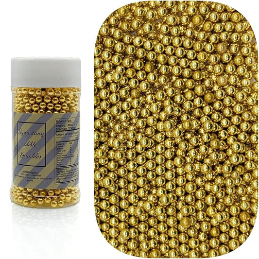 Dynastang 4mm Super Gold Pearls Sprinkles Edible Pearls Cake Decorating Stars Cake Decorations Cupcake Toppers Cookie Decorating Perfect for Cakes, Cupcakes, Desserts Toppings 3OZ