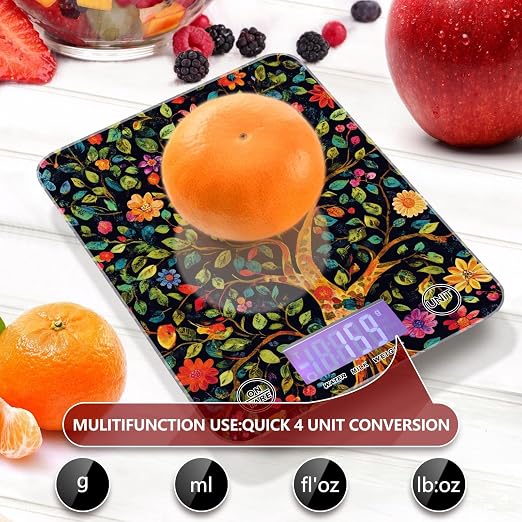 Food Scale Kitchen Scale for Baking Cooking Digital Food Weighing Measuring Scale Small Waterproof Electric Food Scale Tree of Life Floral Leaves Black