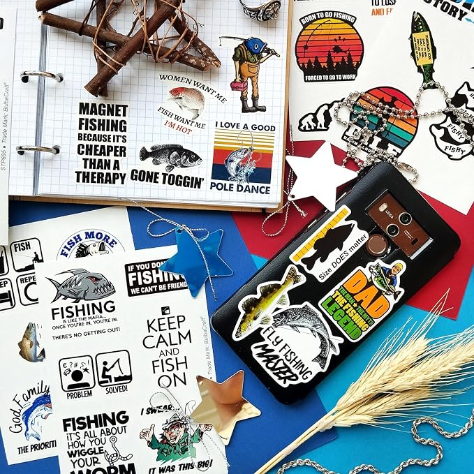 100Pcs Funny Fishing Stickers — Fisherman Decals for Laptops, Water Bottles, Scrapbooking — Fishing Gifts for Men & Women, Laptop Decals, Gifts for Women & Men