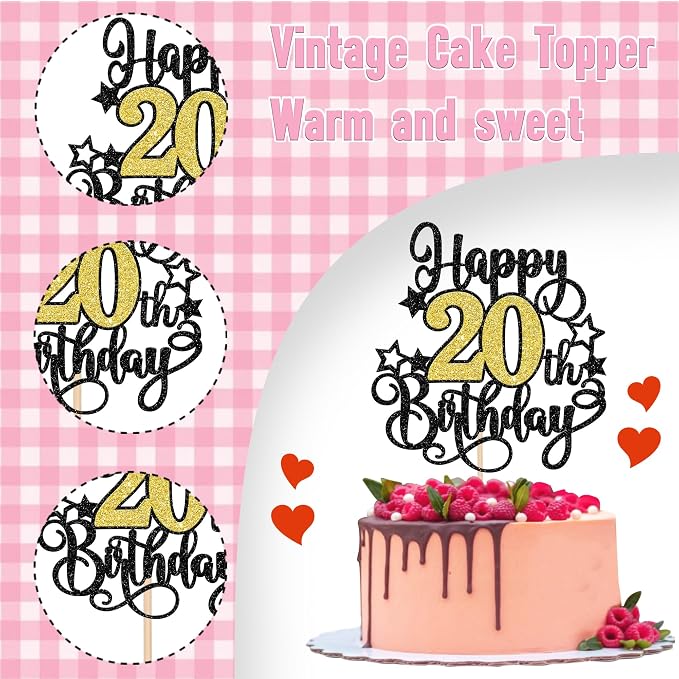 1 PCS Happy 20th Birthday Cake Topper Black Gold Glitter Cheers to 20 Years Birthday Cake Pick Hello 20 Fabulous Cake Decoration for Happy 20th Birthday Anniversary Party Decorations Supplies