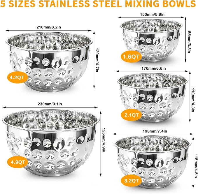 5-Piece Stainless Steel Mixing Bowls (4.9/4.2/3.2/2.1/1.6QT), Hammered Design Nesting Metal Mixing Bowl Set for Kitchen Meal Prep, Movie Night and Party