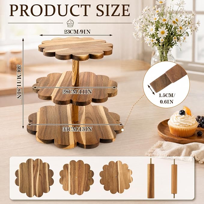 Novabright 3 Tier Scalloped Cupcake Stand, Acacia Wood Dessert Tower Display for Wedding Birthday Baby Shower Party, Rustic Tiered Cake Stand Holds 24 Cupcakes, 9/11/13 Inch, Easy Assembly