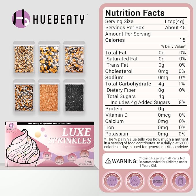HUEBEATY 6-in-1 Halloween Sprinkles Set – 180g Edible Fall Thanksgiving Pumpkin, Ghost & Bat Confetti Mix with Black & Orange Sugar Crystals, Nonpareils & Jimmies – Spooky Cupcakes, Cookies & Cakes Decorating Toppings