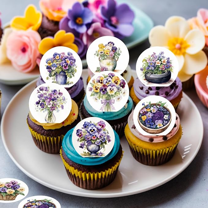 36PCS Edible Pansies Bouquet Cupcake Toppers Wafer Paper Floral Baby Shower Cake Decorations Edible Spring Flower Cupcake Toppers for Floral Theme Birthday Party Decoration