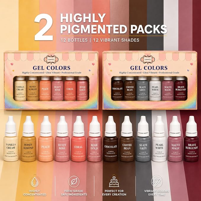 Confect Skin & Nude Gel Food Coloring Set – 12 Highly Pigmented Colors for Buttercream, Cakes, Cookies, Macarons & Baking – 10mL Bottles
