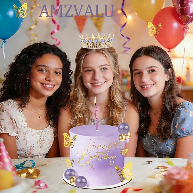 Crown Cake Topper, Purple & Gold Crown Balls Happy Birthday Cake Toppers Candles Butterfly, Corona Para Pastel, Crown Cake Decorations for Women Queen Princess (Gold, Moonlight Purple)