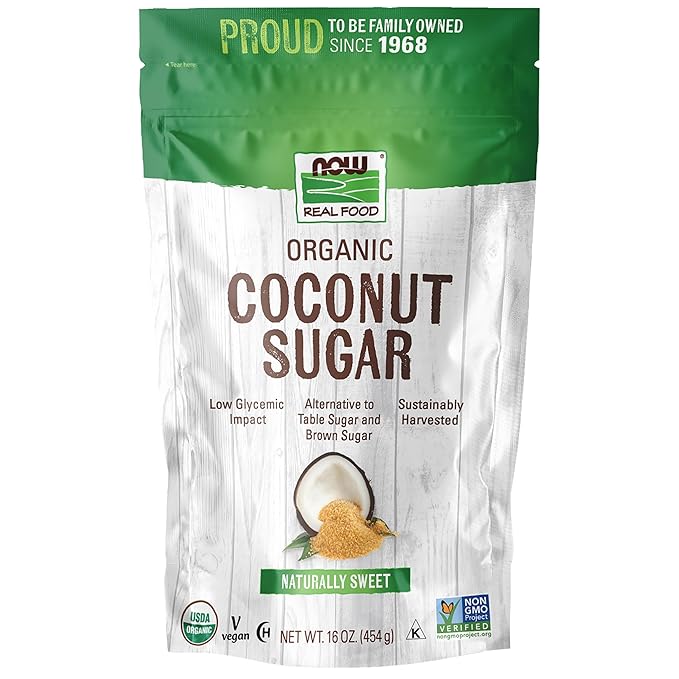 NOW Foods, Certified Organic Coconut Sugar, Alternative to Table Sugar, Low Glycemic Impact, from Sustainably Harvested Coconuts, Certified Non-GMO, 16-Ounce (Packaging May Vary)