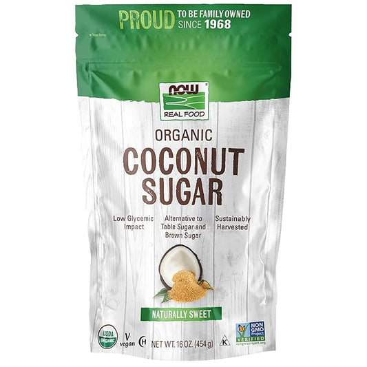 NOW Foods, Certified Organic Coconut Sugar, Alternative to Table Sugar, Low Glycemic Impact, from Sustainably Harvested Coconuts, Certified Non-GMO, 16-Ounce (Packaging May Vary)