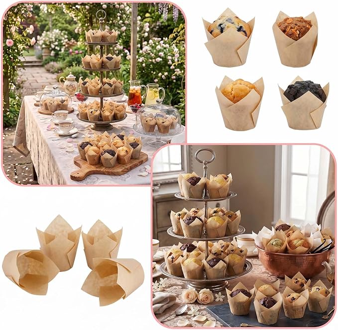200 Pcs Natural Tulip Cupcake Liners for Baking, Standard Size | Standard Greaseproof Tulip Muffin Liners for Baking, 3oz Natural Paper Cupcake Wrappers for Party Wedding Birthday