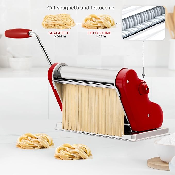 PASTALINDA Classic 260 Pasta Maker Machine, 26 cm Wide Rollers, 9 Thickness Positions, 2 Cutting Positions, Stainless Steel. Includes Reinforced Hand Crank And Two Clamps (Bordeaux)