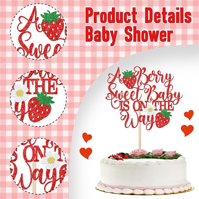 1 PCS A Berry Sweet Baby is On The Way Cake Topper Flower Strawberry Sweet One Cake Pick Berry 1st Birthday Cake Decorations for Baby Shower Gender Reveal Strawberry First Birthday Party Supplies