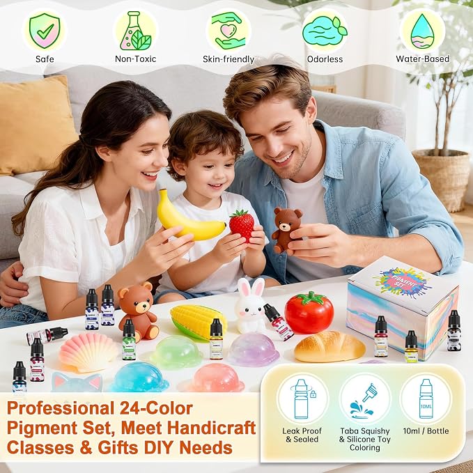 Silicone Pigment Set for Taba Squishy Maker & Silicone Mold, Ultimate 24 Colors Liquid Coloring Dye for Party, Group & Handicraft, Professional Squishy Making Paint Kit, 10 ml Each.