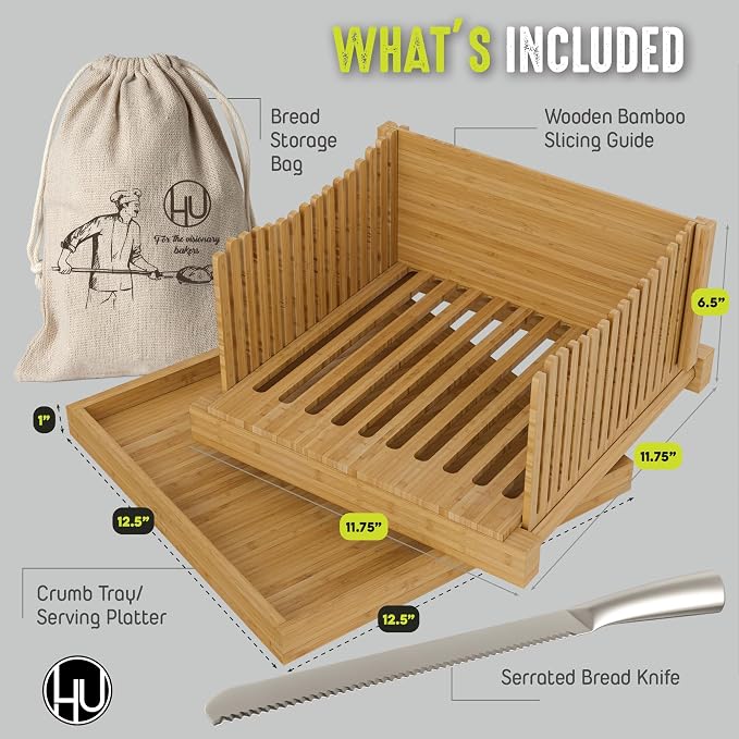LHU Bamboo Wooden Bread Slicer for Homemade Bread Kit with Adjustable Slicer Guide, 12-Inch Bread Knife and Bread Bag- Rubber Base Grips - Sourdough Bread Cutter, Round Bread Loaf Slicer