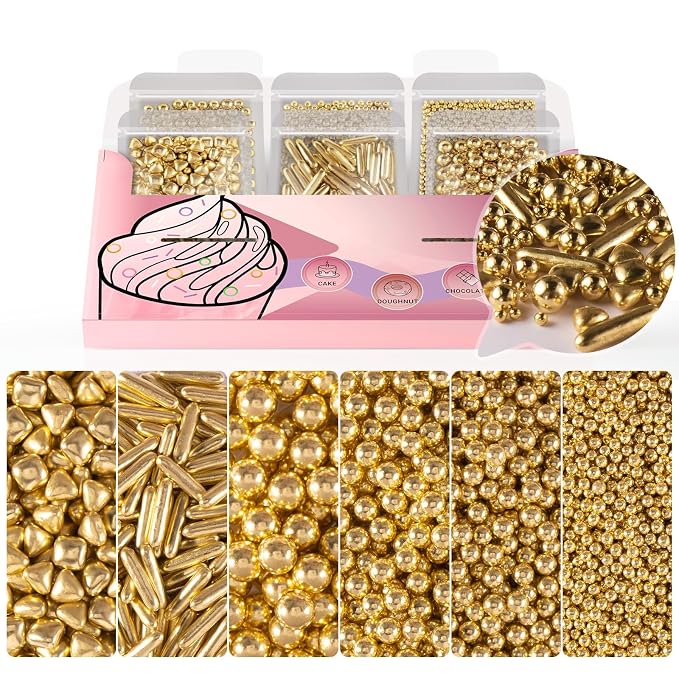 HUEBEATY® 6-in-1 Metallic Gold Dragees Sprinkles for Cake Decorating, Cupcakes & Cookies | 180g/6.36oz | Birthdays, Weddings, Holiday, Christmas Fancy Gold Cake Candy Pearls Sprinkles and Decorations