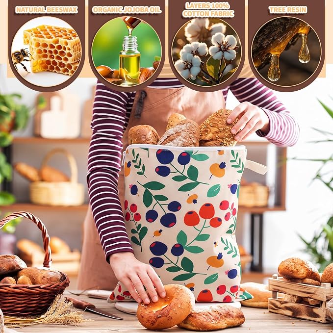 Hahafelt 2 Pack Beeswax Bread Bags with Zipper Seal for Sourdough and Homemade Bread XL Reusable Organic Linen Cotton Beeswax Loaves Food Storage Bag to Keep Fresh(Berry)