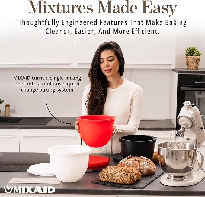 The Original MIXAID Silicone Bowl Insert Liners for KitchenAid Tilt-Head 5 Qt Stand Mixers - Replacement Mixer Accessories - Leak-Proof Design, Non-slip Base & Easy Clean - Set of 3 Liners & Lids