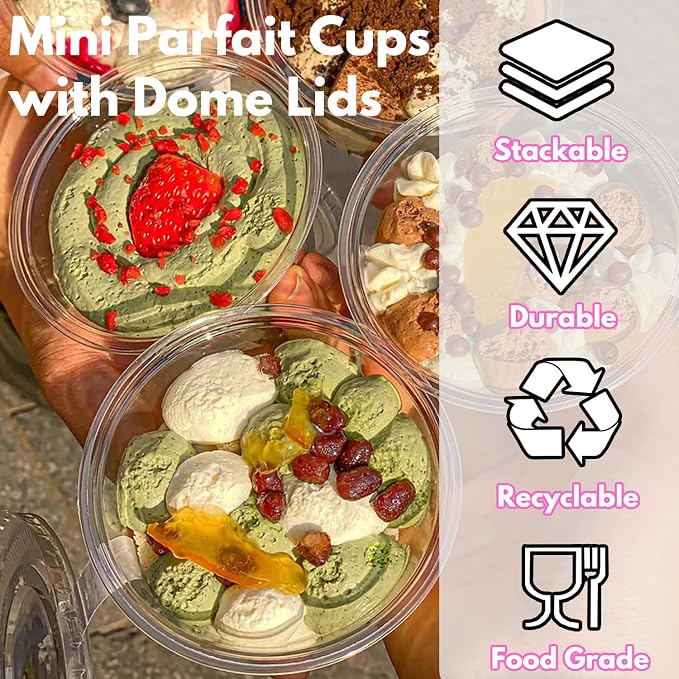 Tiaiidi Clear Plastic Cups with Lids,6 oz-50 Pack Mini Parfait Cups with Dome Lids(No Hole),Disposable Party Dessert Cups for Cold Drinks,Fruit,Cupcake,Ice Cream,Snack,Candy