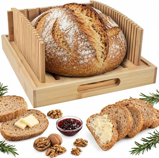 Bread Slicing Guide, Bamboo Bread Slicing Guides with Adjustable Width, Crumb Catcher & Serve Tray for Homemade Bread Cut