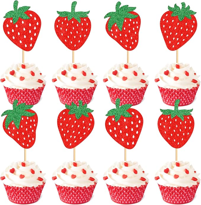 24pcs Glitter Red Strawberry Cupcake Toppers Red Strawberries Cupcake Picks for Strawberry Baby Shower Kids Boys Girls Berry Birthday Sweet Fruit Bridal Shower Wedding Party Cake Decorations