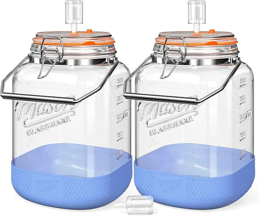 Folinstall 1 Gallon Fermentation Jar with 3 Airlocks, Stainless Steel Handle, Non-Slip Silicone Base, 128 oz Glass Storage Jar for Mead Making, Wine Making, Sourdough Starter, 2 Pack